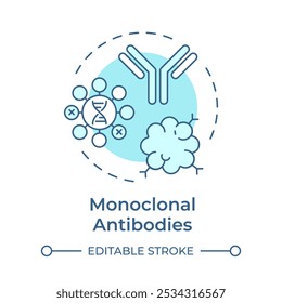 Ícone de conceito azul suave de anticorpos monoclonais. Tipo de imunoterapia. Tratamento do câncer. Anticorpos. Ilustração de linha de forma redonda. Ideia abstrata. Design gráfico. Fácil de usar no artigo