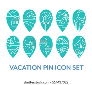 Monocolor blocks' set of vacation pin icons, vector pack of outline design navigation symbols. 