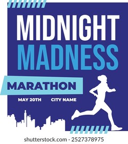 Monocolor Midnight Madness marathon t-shirt design vector blue fashion apparel clothes tshirt template 