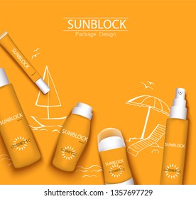 mono-color orange trendy illustration, sun-protection cosmetics packaging design template. Sunscreen and sunblock cream, spray, milk, antiperspirant