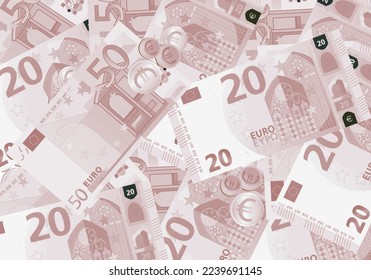 
Monocolor salmon print of 20 and 50 euro bills and one euro coins. Money