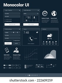 Monocolor UI kit - set of user interface design elements for responsive mobile websites / apps with set of icons and infographics