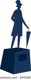 Monocolor vector illustration of a stylized man in a top hat and coat standing confidently with an umbrella. Elegant gentleman statue icon, classic fashion silhouette.