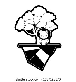 Monocromatic black and white elm tree, kawaii lion and earth piece vector illustration