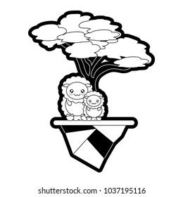 Monocromatic black and white umbrella pine tree, kawaii couple of sheep and earth piece vector illustration
