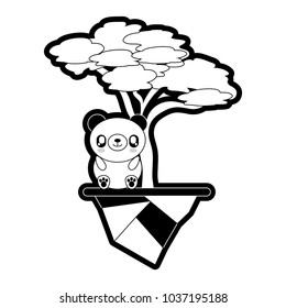 Monocromatic black and white umbrella pine tree, kawaii panda bear and earth piece vector illustration