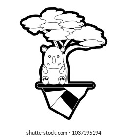 Monocromatic black and white umbrella pine tree, kawaii rhinoceros and earth piece vector illustration