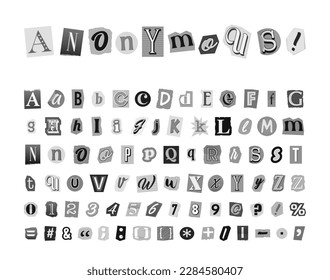 Monocrome letters, numbers and punctuation marks cut from newspapers and magazines. Collage anonymous vector alphabet in trendy style. Criminal or detective font. Vintage elements for your design.