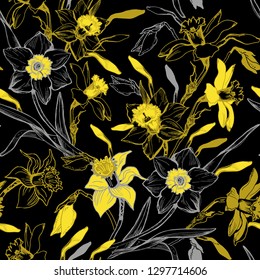 Monocrome seamless pattern with hand drawn manual graphic flowers daffodils. Elegant floral realistic sketch on black background. Design for textile, fabric, wallpaper, packaging. Vector Illustration