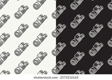 monocular binocular doodle seamless pattern on black white background set. monocular telescope background. binocular engraving wallpaper. binoculars optical vision pattern background for adventure