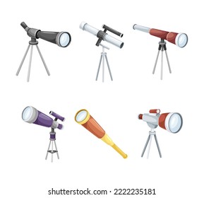 Monocular on Tripod as Refracting Telescope for Viewing Distant Object Vector Set