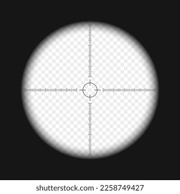 Monocular view with scale and transparent background. Spy, army, sniper, explorer, hunter or tourist optical instrument for following, magnifying, exploration, investigation. Vector illustration