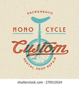 Mono-Cycle Custom Rental Shop and Repair Retro Vector Label or Logo Template with Shabby Textures