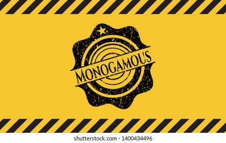 Monogamous black grunge emblem inside yellow warning sign. Vector Illustration. Detailed.
