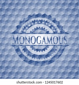 Monogamous blue emblem with geometric background.