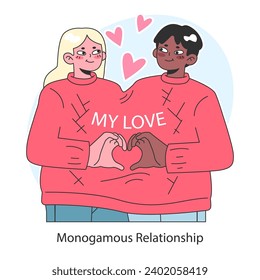 Monogamous relationship. United in exclusive affection, cute interracial couple sharing a sweater and hearts. Faithful monogamy. Flat vector illustration.