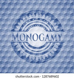 Monogamy blue badge with geometric pattern.