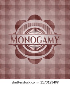 Monogamy red badge with geometric pattern background. Seamless.
