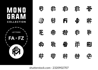 Monogram alphabet collection letters FA until FZ for clothing, apparel, football, baseball, basketball with interlock modern, sport, classic style