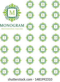 Monogram Alphabet with the concept of elegant leafs. Modern design with luxurious green coloring. - Vector file