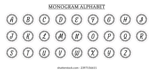 Monogram Alphabet and Floral Motifs, Monogram Letters with Line Floral Arrangements
