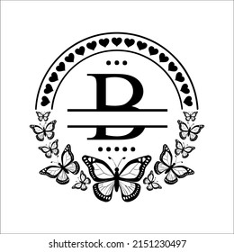 Monogram alphabet with heart and butterflies.