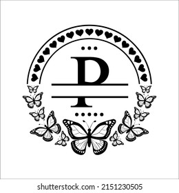 Monogram alphabet with heart and butterflies.