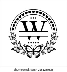 Monogram alphabet with heart and butterflies.