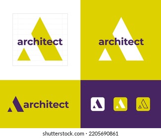 A monogram. Architect emblem. Architect bureau logo. Building company. Letter A  geometric shape. Identity, corporate style, app button set.