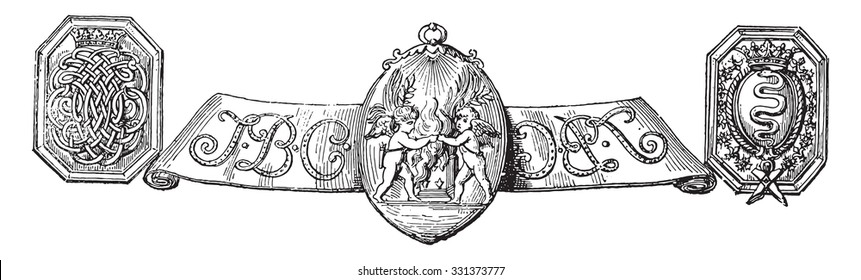 Monogram and arms of Colbert. On a table after the Museum of Auxerre, vintage engraved illustration. Magasin Pittoresque (1882).
