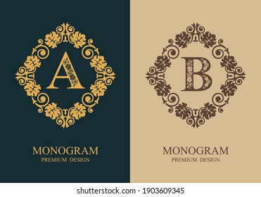 Monogram A and B design elements. Luxury elegant floral frame ornament line logo design vector illustration. Good for Royal sign, Restaurant, Boutique, Cafe, Hotel, Heraldic, Jewelry, Fashion, Vector