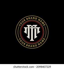 Monogram, Badge logo, Initial letters M, T, MT or TM, Modern, Sporty, white, gold and red color on black background