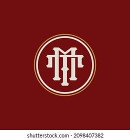 Monogram, Badge logo, Initial letters M, T, MT or TM, Modern, Sporty, white and gold color on red background