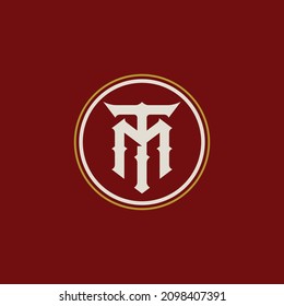 Monogram, Badge logo, Initial letters M, T, MT or TM, Modern, Sporty, white and gold color on red background