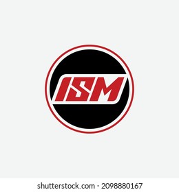 Monograma, logotipo de distintivo, letras iniciales I, S, M o ISM, color moderno, deportivo, negro y rojo sobre fondo blanco