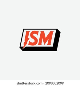 Monograma, logotipo de distintivo, letras iniciales I, S, M o ISM, color moderno, deportivo, negro y naranja sobre fondo blanco
