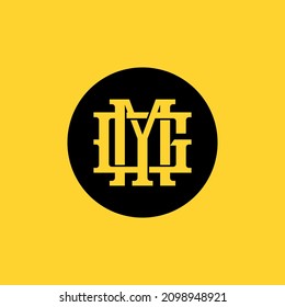 Monogram, Badge logo, Initial letters M, G, MG or GM, Interlock, Modern, Sporty, Black and Yellow Color on Yellow Background
