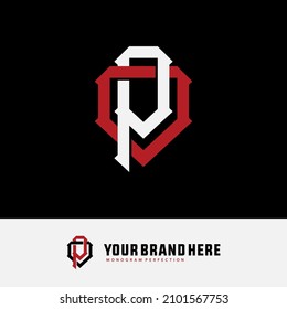 Monogram, Badge logo, Initial letters O, P, OP or PO, Interlock, Modern, Sporty, White and Red Color on Black Background