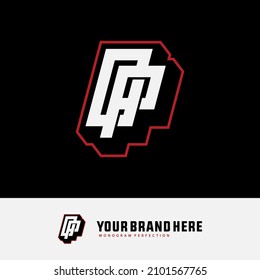 Monogram, Badge logo, Initial letters O, P, OP or PO, Interlock, Modern, Sporty, White and Red Color on Black Background