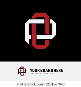 Monogram, Badge logo, Initial letters O, P, OP or PO, Interlock, Modern, Sporty, White and Red Color on Black Background