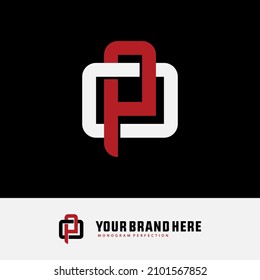 Monogram, Badge logo, Initial letters O, P, OP or PO, Interlock, Modern, Sporty, White and Red Color on Black Background