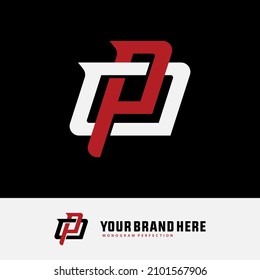 Monogram, Badge logo, Initial letters O, P, OP or PO, Interlock, Modern, Sporty, White and Red Color on Black Background