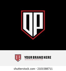 Monogram, Badge logo, Initial letters O, P, OP or PO, Modern, Sporty, White and Red Color on Black Background