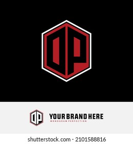 Monogram, Badge logo, Initial letters O, P, OP or PO, Modern, Sporty, White and Red Color on Black Background
