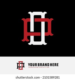 Monogram, Badge logo, Initial letters O, P, OP or PO, Interlock, Vintage, Classic, White and Red Color on Black Background