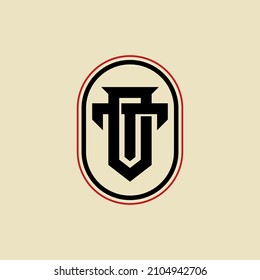Monogram, Badge logo, Initial letters O, T, OT or TO, Interlock, Modern, Sporty, Black and Red Color on Cream Background