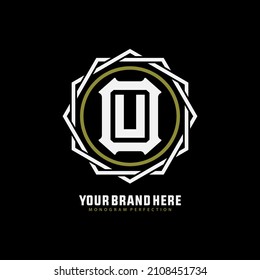 Monogram, Badge logo, Initial letters O, U, OU or UO, Interlock, Modern, Sporty, White and Green Color on Black Background