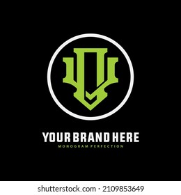 Monogram, Badge logo, Initial letters O, V, OV or VO, Interlock, Modern, Sporty, Green and White Color on Black Background