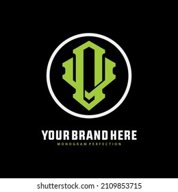 Monogram, Badge logo, Initial letters O, V, OV or VO, Interlock, Modern, Sporty, Green and White Color on Black Background