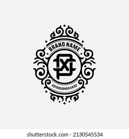 Monogram, Badge Logo, Initial letters P, X, PX or XP, Interlock, Vintage, Classic, Ornament, Black Color on White Background